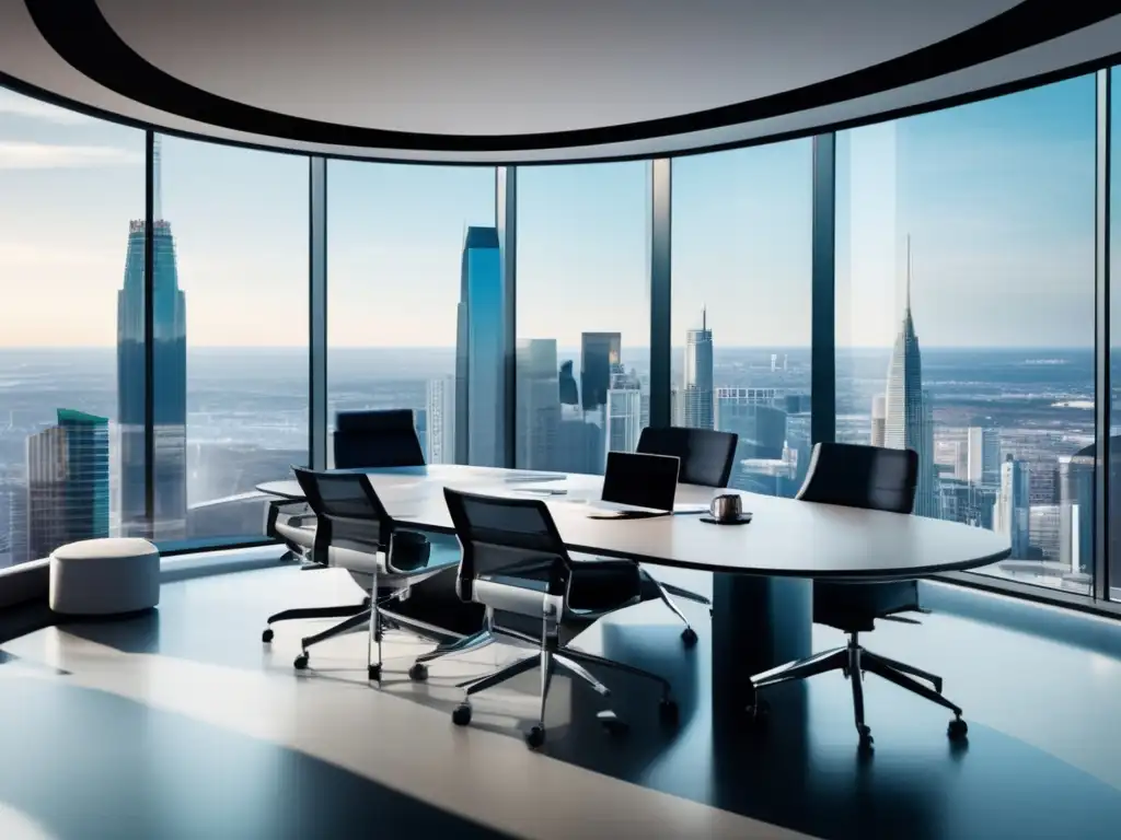 Oficina moderna con vista a la ciudad y profesionales discutiendo Oficina moderna con vistas a la ciudad y muebles contemporáneos