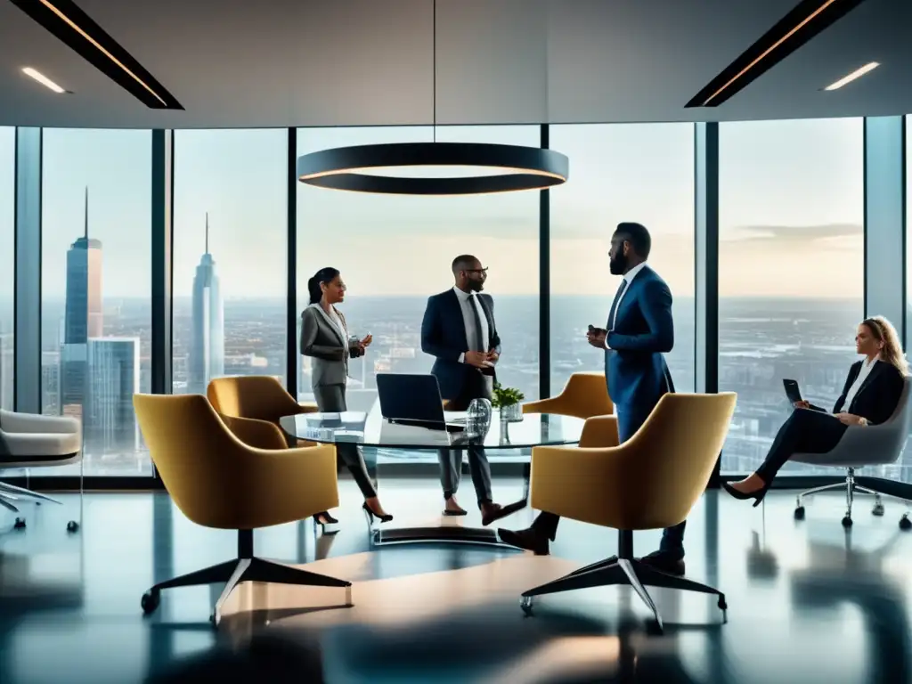 Profesionales discutiendo estrategias de inversión Oficina moderna con vistas a la ciudad, profesionales discutiendo estrategias fiscales para inversionistas astutos