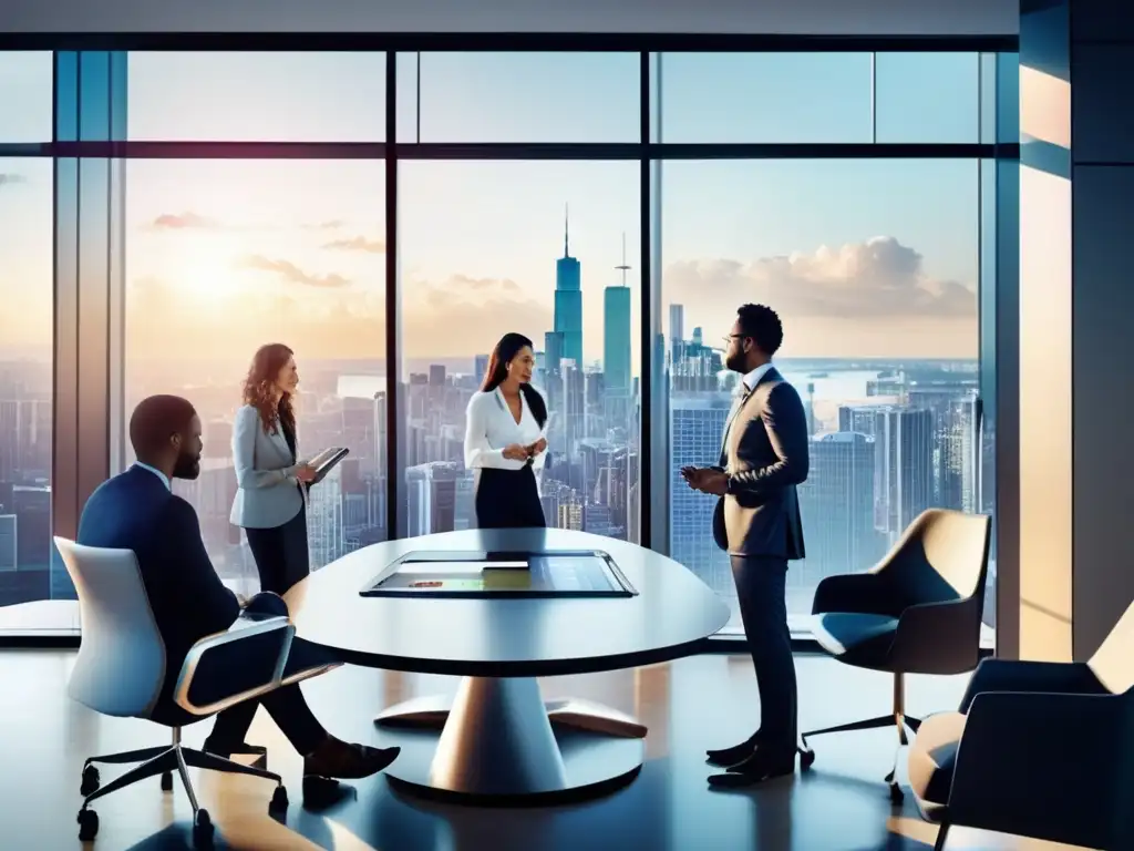 Oficina moderna con vista panorámica de la ciudad Oficina moderna con vistas a la ciudad, muebles contemporáneos y tecnología avanzada