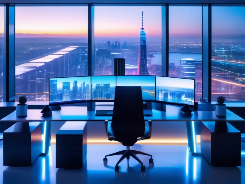 Oficina futurista con robots y tecnología Oficina moderna con vistas a la ciudad, robot y profesionales en discusión: Automatización financiera con bots