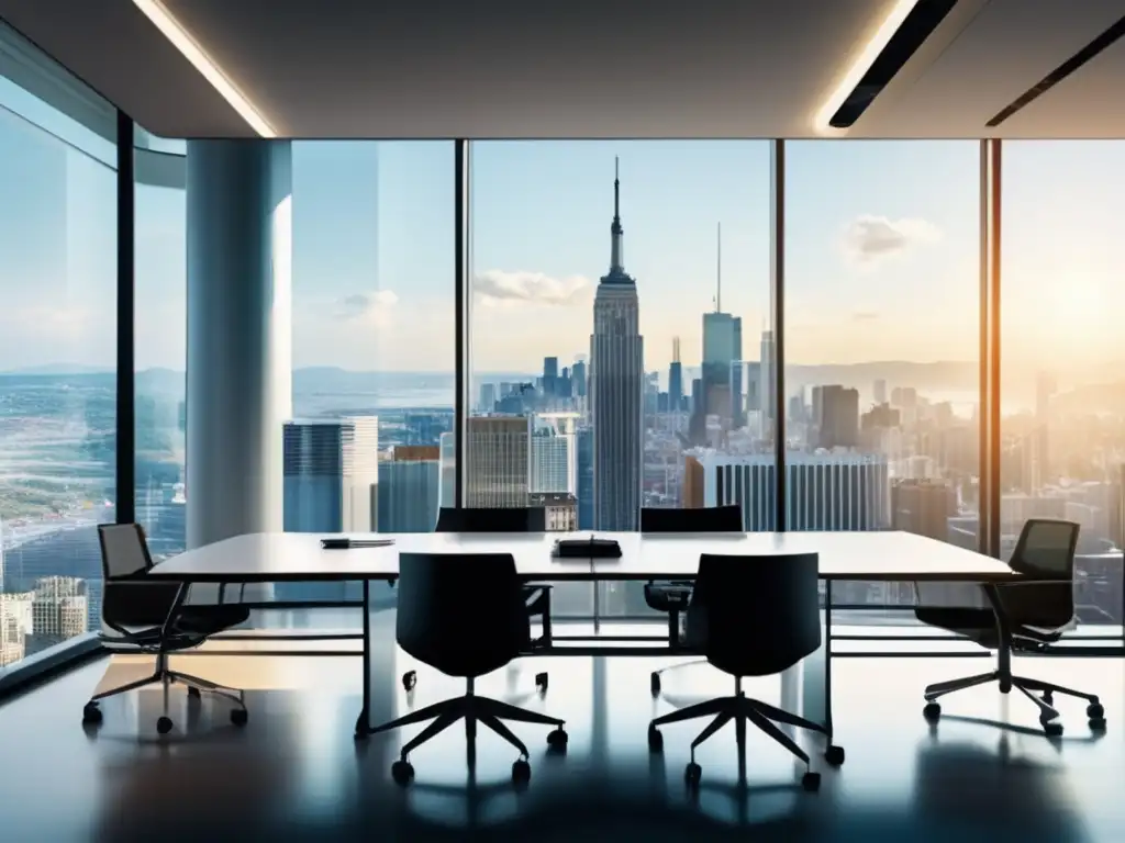 Oficina moderna con vista panorámica a la ciudad y análisis financiero Oficina moderna con vistas a la ciudad