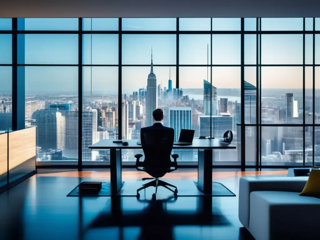 Oficina moderna con vistas a la ciudad Oficina moderna con vistas a una ciudad, muebles minimalistas y tecnología avanzada