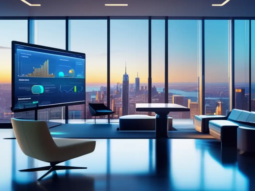 Oficina moderna con vista panorámica Oficina moderna con vistas a la ciudad y gráficos financieros: Costos ocultos Roboadvisor