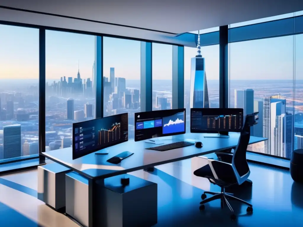 Oficina moderna con tecnología avanzada Oficina moderna con vistas a la ciudad, tecnología avanzada y roboadvisors eliminando inversión emocional