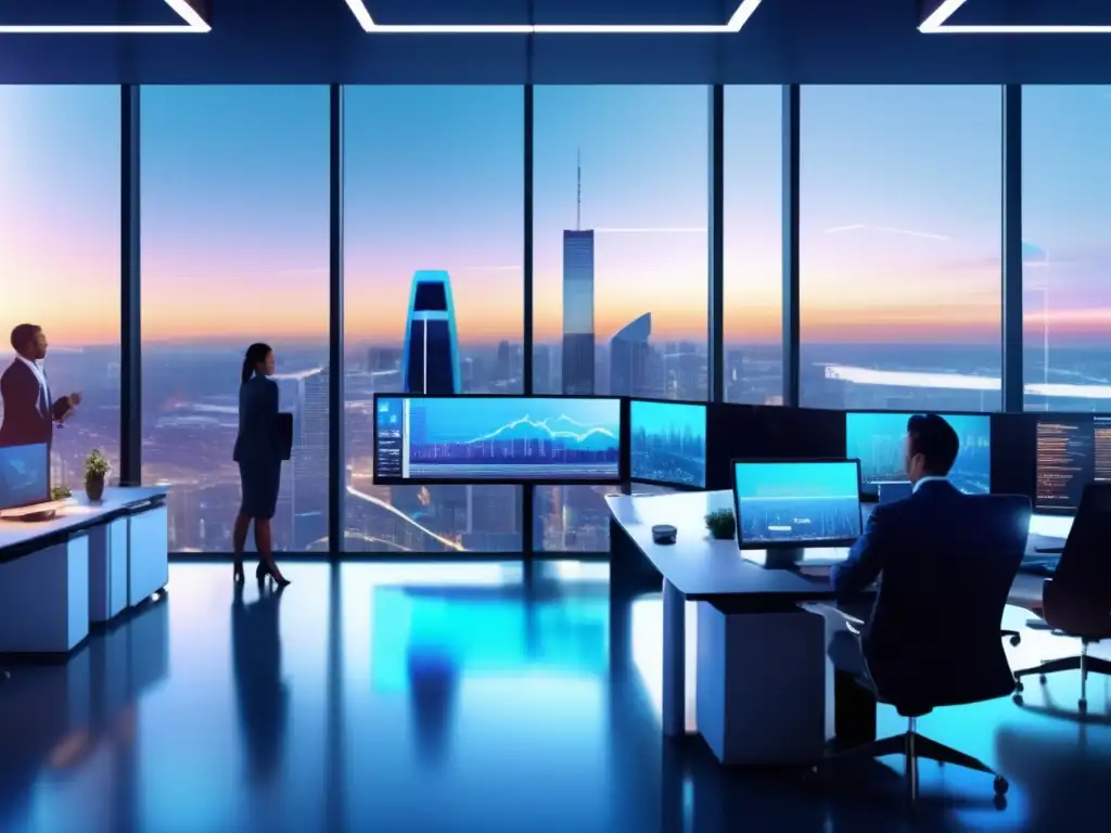 Oficina moderna y tecnológica con vista a la ciudad Oficina moderna con vistas a la ciudad y tecnología avanzada: Actualización de ICOs en mercado financiero