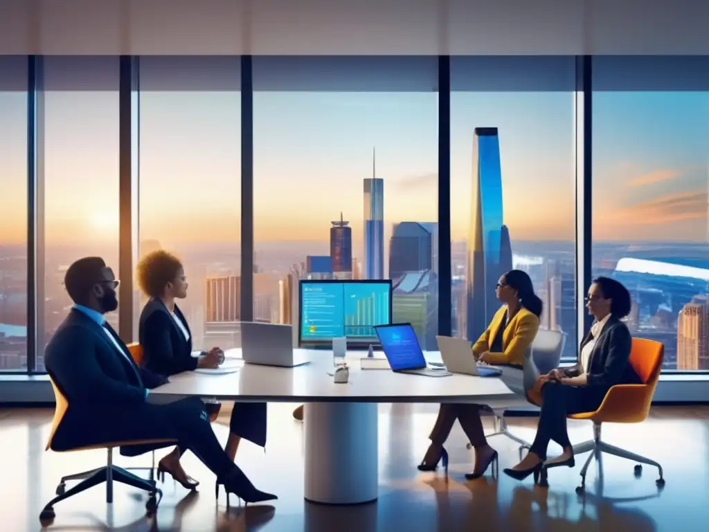 Oficina moderna con profesionales analizando gráficos financieros Oficina moderna con vistas a la ciudad, profesionales analizando gráficos financieros en pantallas digitales