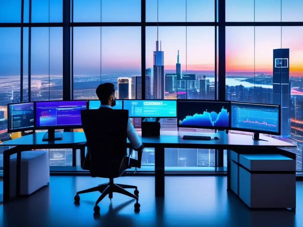 Oficina moderna con vista panorámica y tecnología avanzada Oficina moderna con vistas a la ciudad