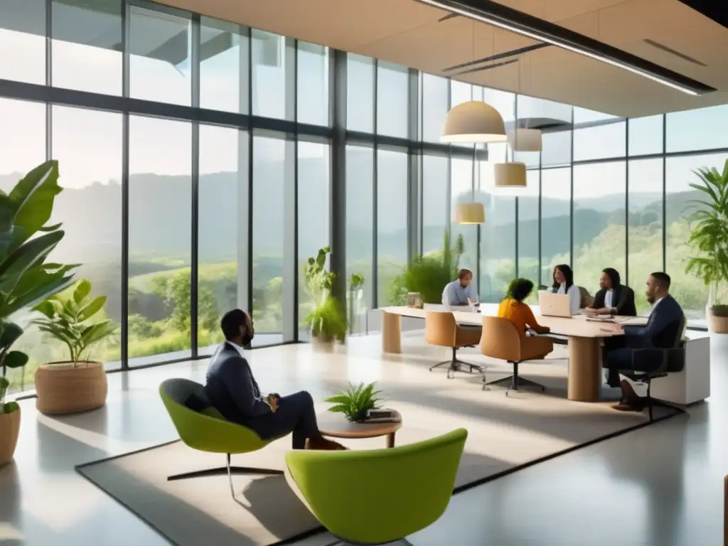 Oficina sostenible con profesionales comprometidos Oficina moderna con vistas a un paisaje verde