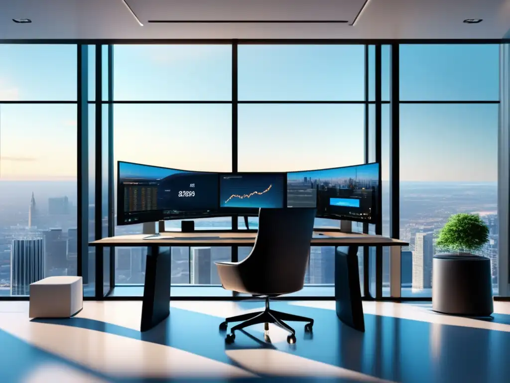 Oficina moderna con vista panorámica Oficina moderna con vistas panorámicas, mobiliario elegante y diversificación inteligente en criptomonedas y bolsa