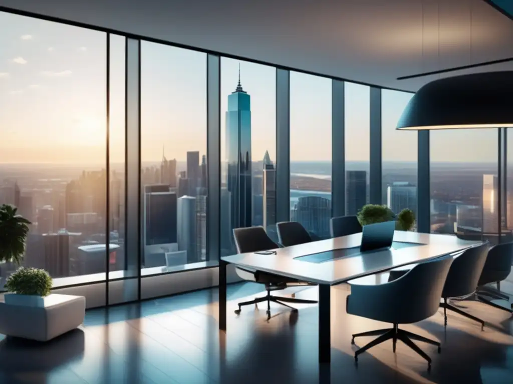 Moderna oficina con vista panorámica Oficina moderna con vistas panorámicas y mobiliario minimalista
