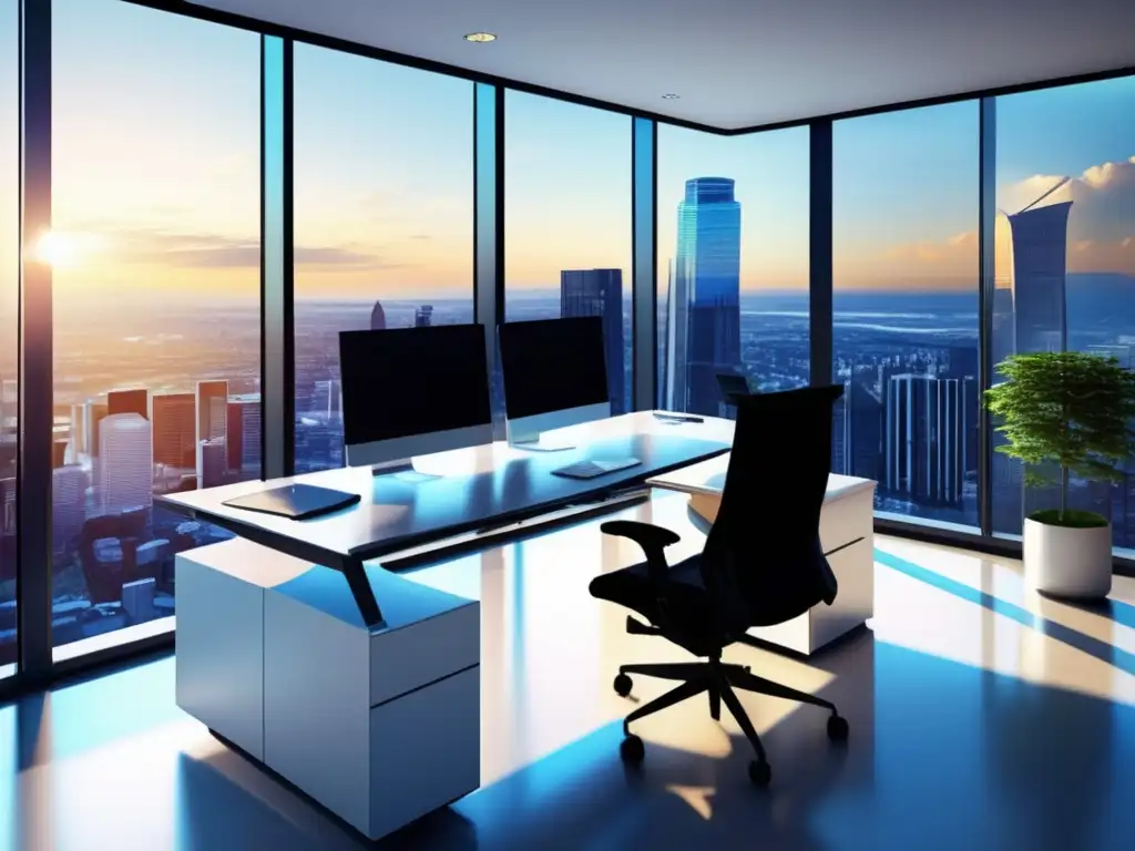 Espacio de trabajo moderno y sofisticado Oficina moderna con vistas panorámicas y elementos de diseño para estrategias fiscales de inversores privados