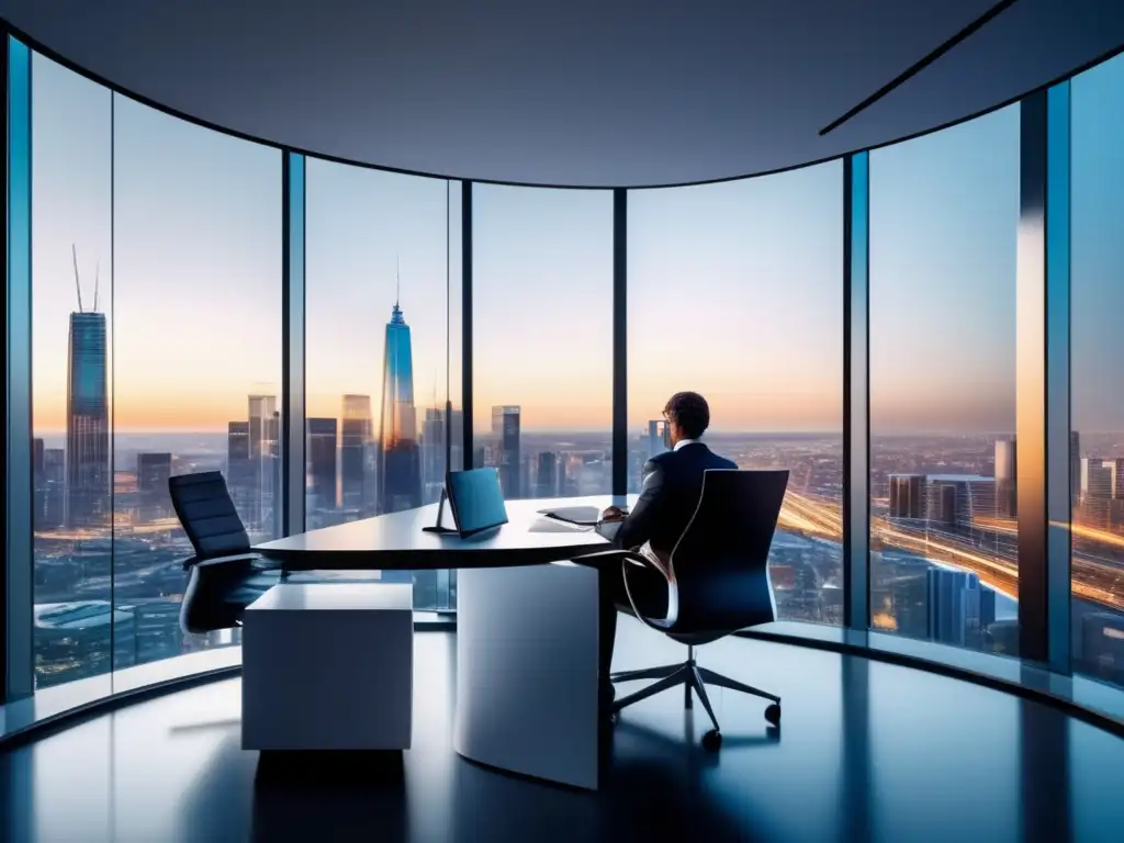 Oficina moderna con vista panorámica Oficina moderna con vistas panorámicas a la ciudad, asesor financiero revisando documentos y gráficos en monitor de alta resolución