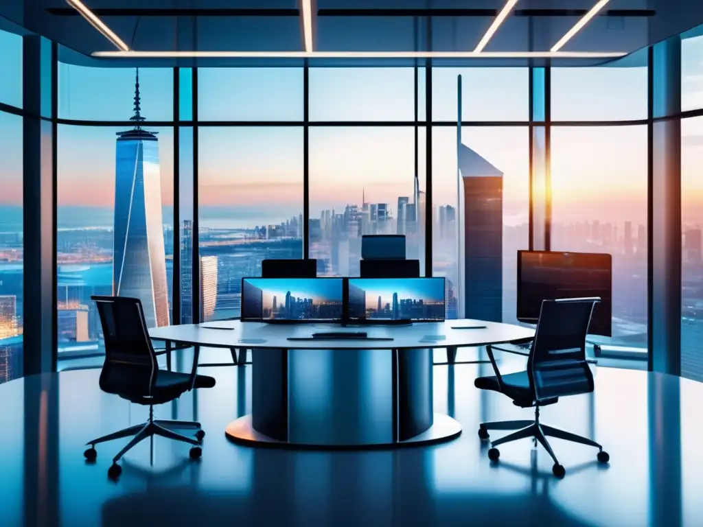 Oficina moderna con vista panorámica y traders profesionales Oficina moderna con vistas panorámicas de la ciudad