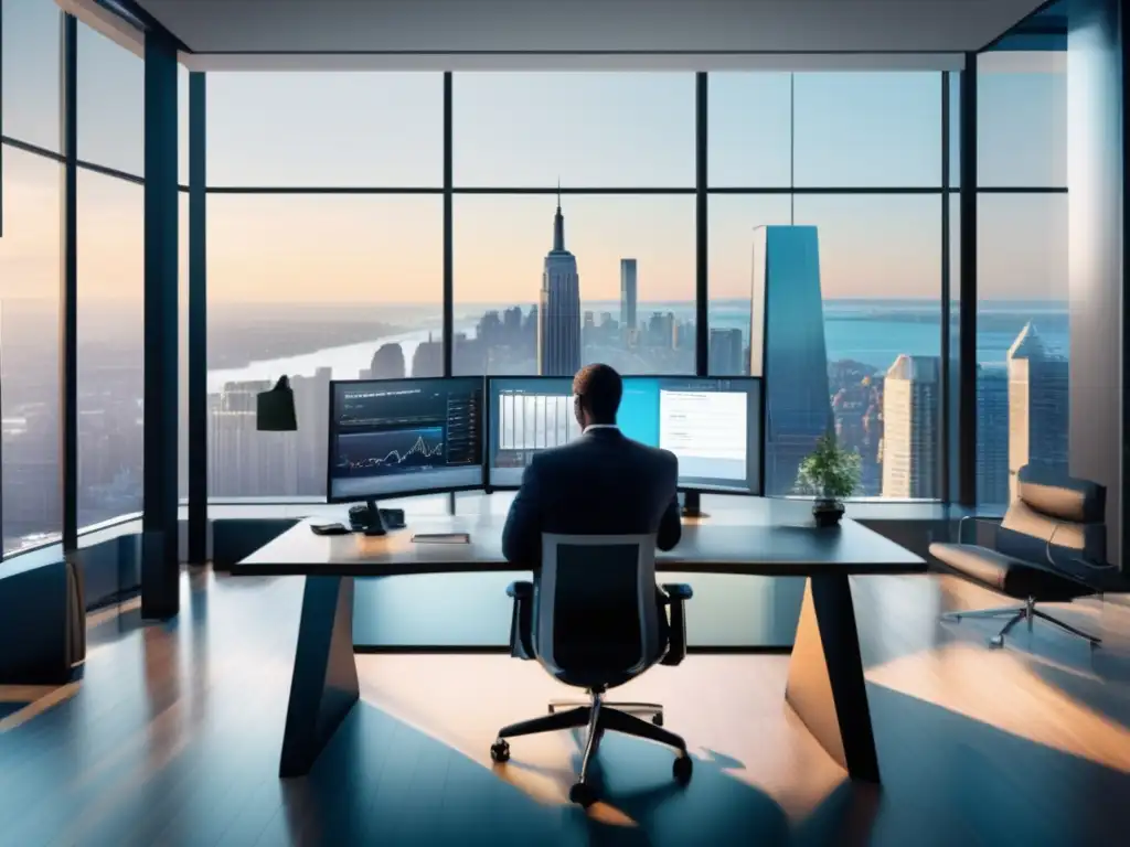 Oficina moderna con vista panorámica de la ciudad Oficina moderna con vistas panorámicas de un distrito financiero y un profesional analizando gráficos en pantallas de alta resolución