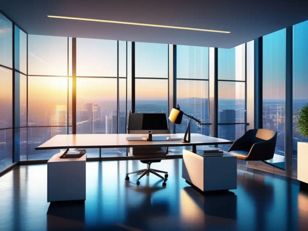 Oficina moderna con vista panorámica Oficina moderna con vistas panorámicas a la ciudad, diseño minimalista, muebles contemporáneos y un inversor analizando datos en múltiples pantallas