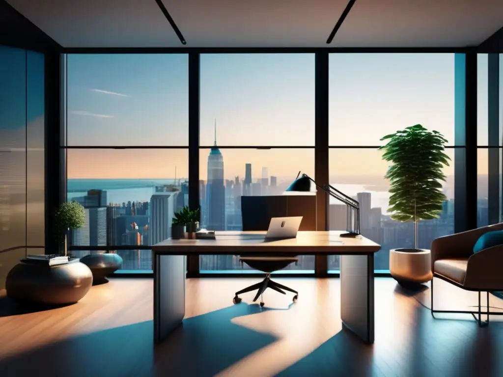 Oficina moderna con vistas panorámicas Oficina moderna con vistas panorámicas a la ciudad, escritorio minimalista y silla ergonómica