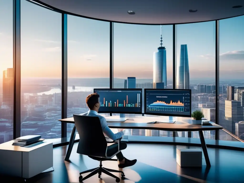 Oficina moderna para inversiones Oficina moderna con vistas panorámicas de una ciudad, muebles minimalistas y tecnología de vanguardia