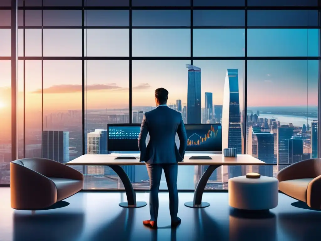 Oficina moderna con vista panorámica y líder financiero Oficina moderna con vistas panorámicas a una ciudad, influencer financiero habla con profesionales y muestra datos bursátiles