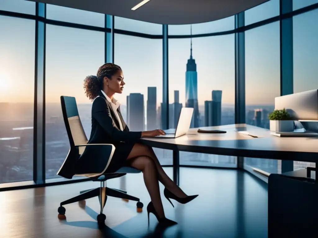 Oficina moderna con vistas panorámicas Oficina moderna con vistas panorámicas de la ciudad y estrategias de inversión y autocontrol financiero