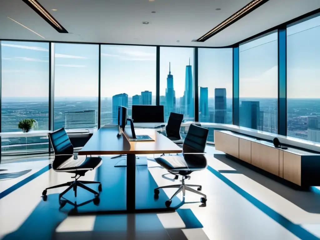 Oficina moderna con vistas panorámicas Oficina moderna con vistas panorámicas a la ciudad, mobiliario minimalista y ambiente innovador