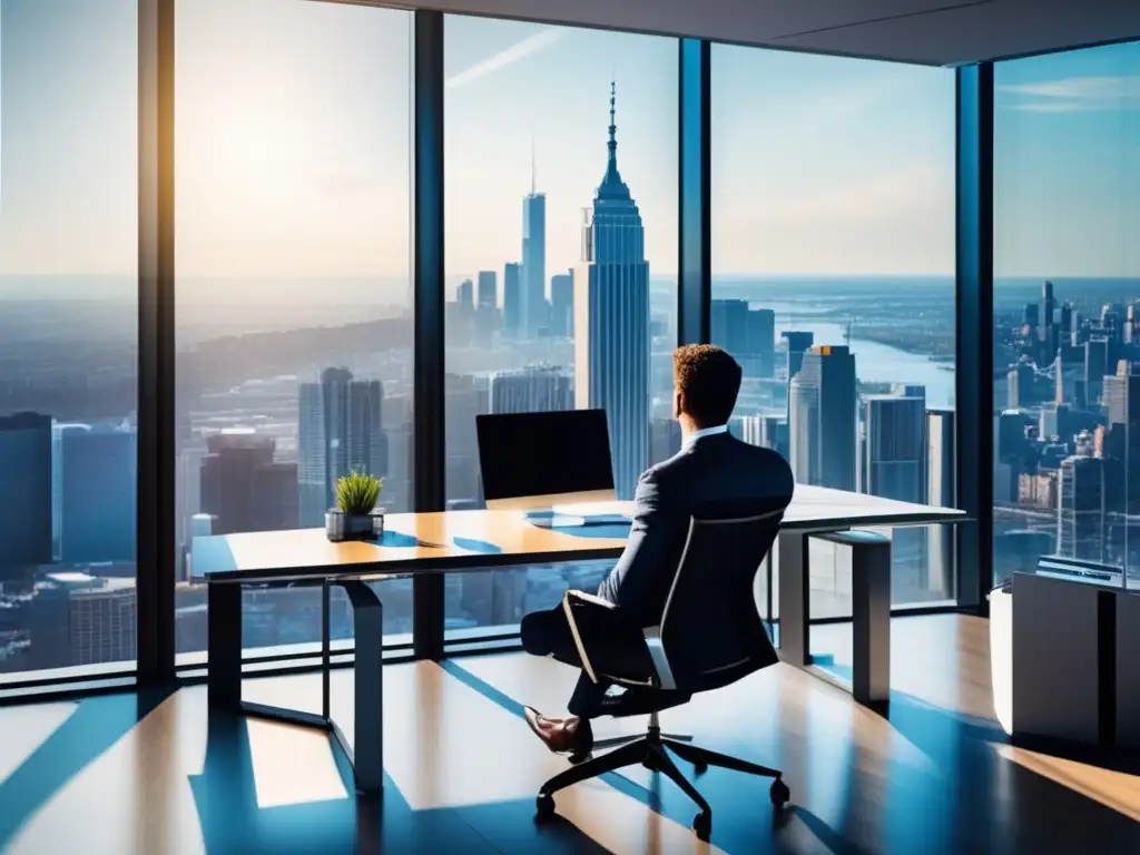 Oficina moderna con vista a la ciudad y un inversor exitoso Oficina moderna con vistas panorámicas, luz natural y escritorio de inversor exitoso