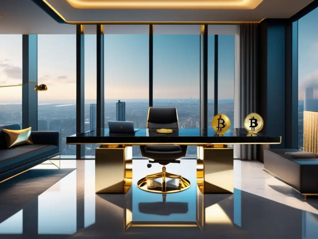 Oficina de lujo con vista panorámica y elementos de oro y bitcoin Oficina moderna con vistas panorámicas de la ciudad, escritorio de mármol negro y símbolos de oro y bitcoins