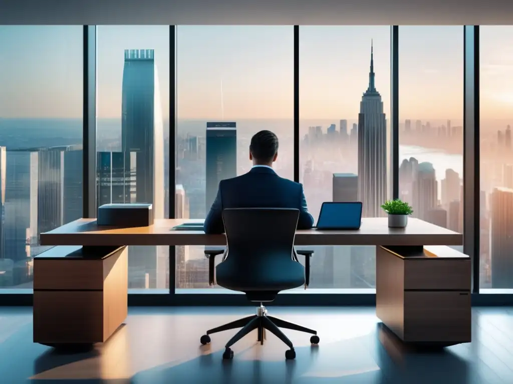 Oficina moderna con inversor profesional Oficina moderna con vistas urbanas - Sesgo de optimismo en inversiones