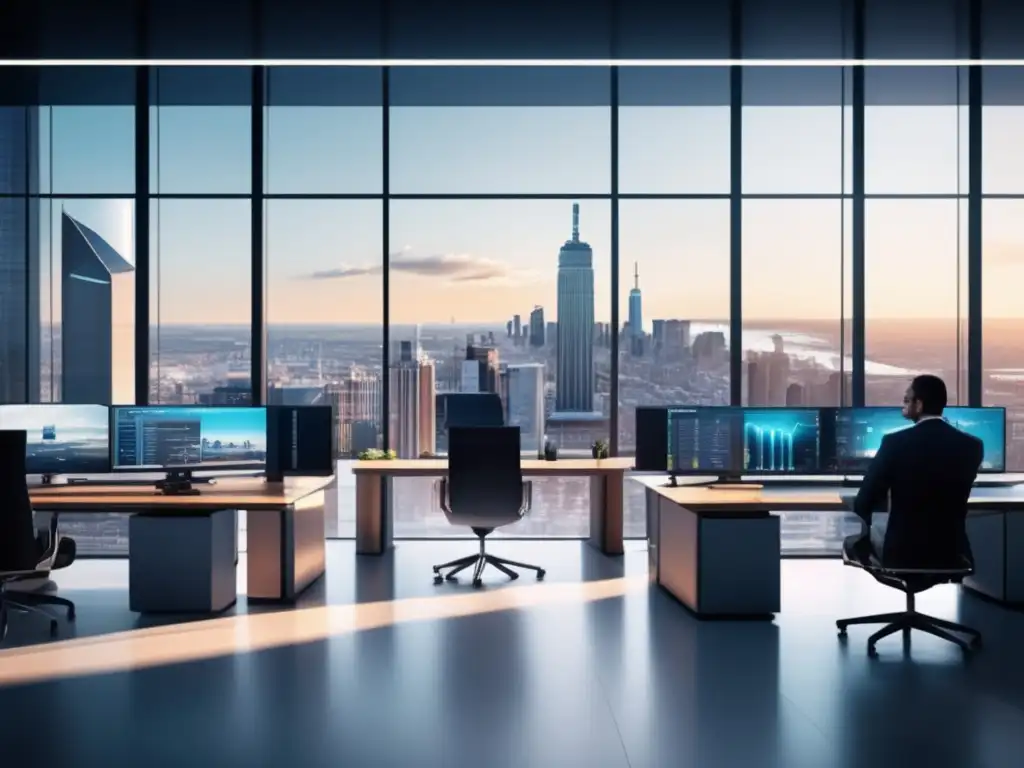 Oficina moderna con diseño minimalista y tecnología avanzada Oficina de diseño moderno con traders analizando gráficos y datos financieros