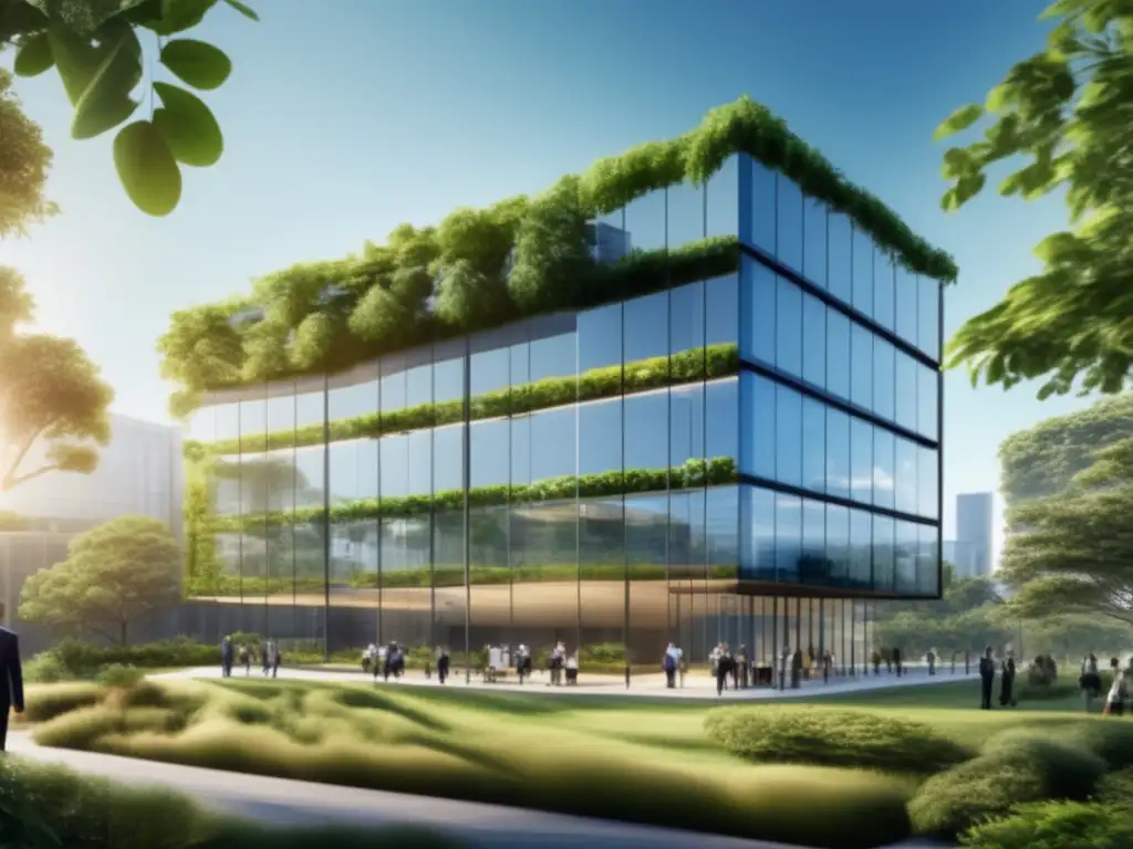 Edificio de oficinas moderno rodeado de vegetación Oficina sostenible con profesionales en discusiones - Fondos ESG Europa inversiones sostenibles