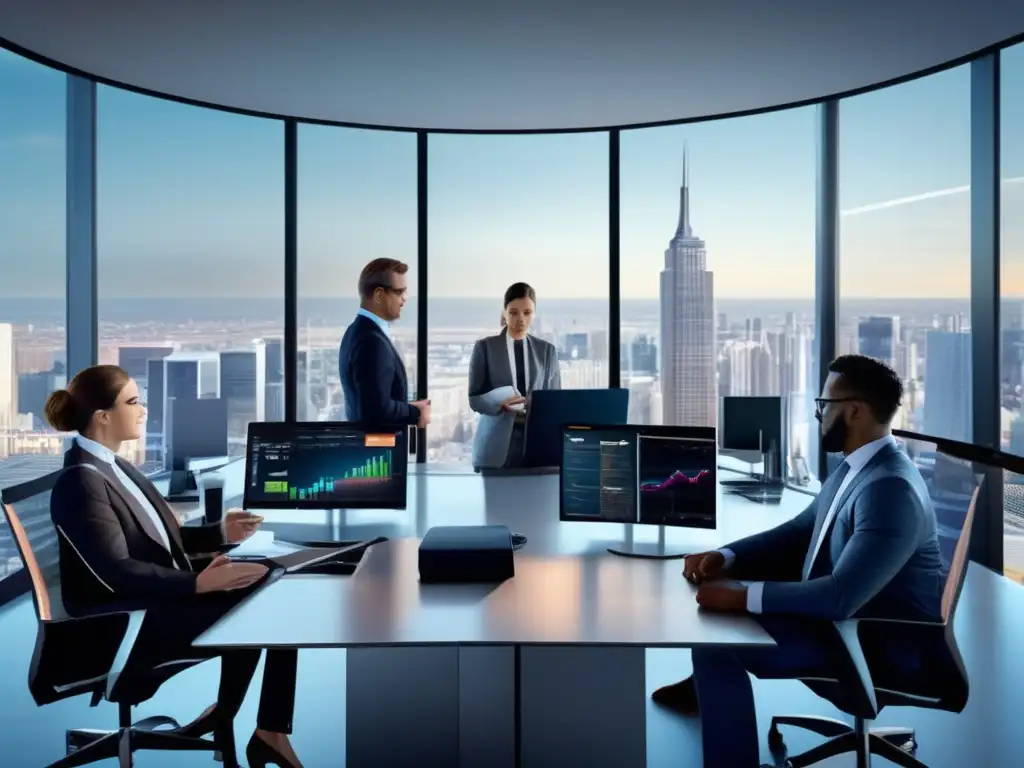 Oficina financiera moderna y sofisticada Oficina de inversión con tecnología avanzada y profesionales analizando datos y tomando decisiones (Técnicas avanzadas de protección de inversiones)
