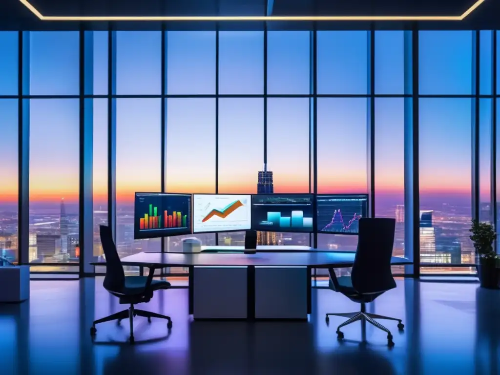 Oficina moderna con vista a la ciudad y roboadvisors Oficina ultradetallada 8k con vistas a la ciudad, mostrando roboadvisors y profesional analizando datos