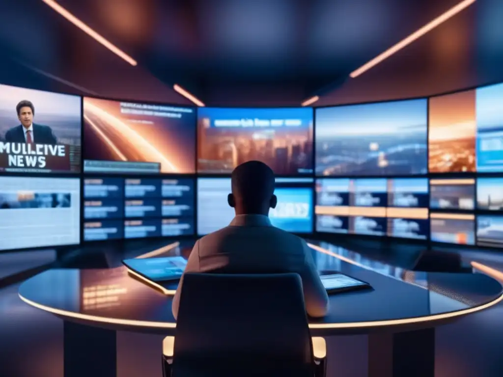 Experto en análisis de noticias en tiempo real Ondas emocionales noticias tiempo real, persona profesional frente a múltiples pantallas de computadora con actualizaciones de noticias en tiempo real