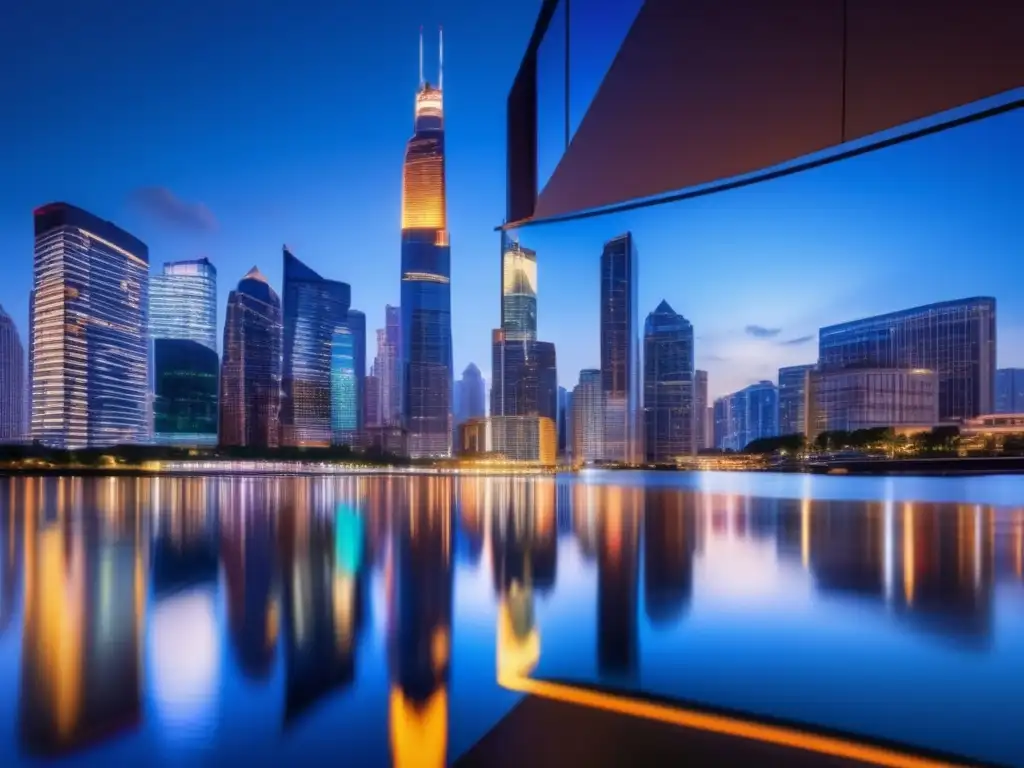 Ciudad moderna reflejada en río Opción ideal para inversor: skyline moderno reflejado en río, símbolo de inversiones estables y rentables