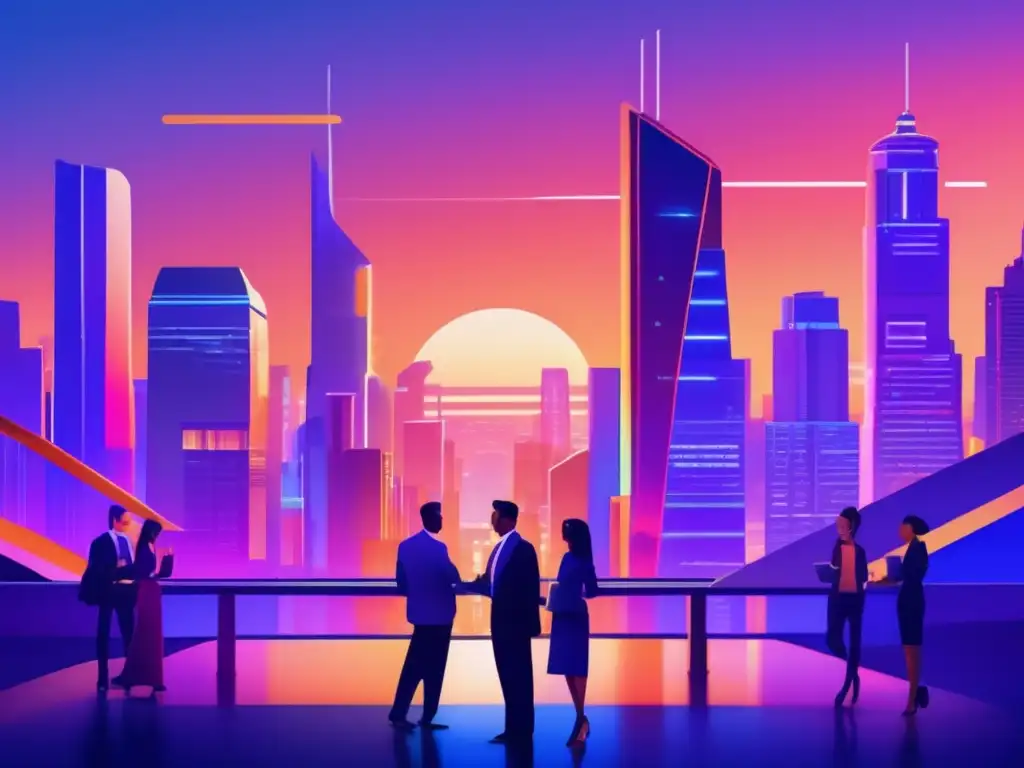 Ciudad futurista al atardecer con profesionales discutiendo Opciones de criptomonedas en plataformas tradicionales en una ciudad futurista al atardecer