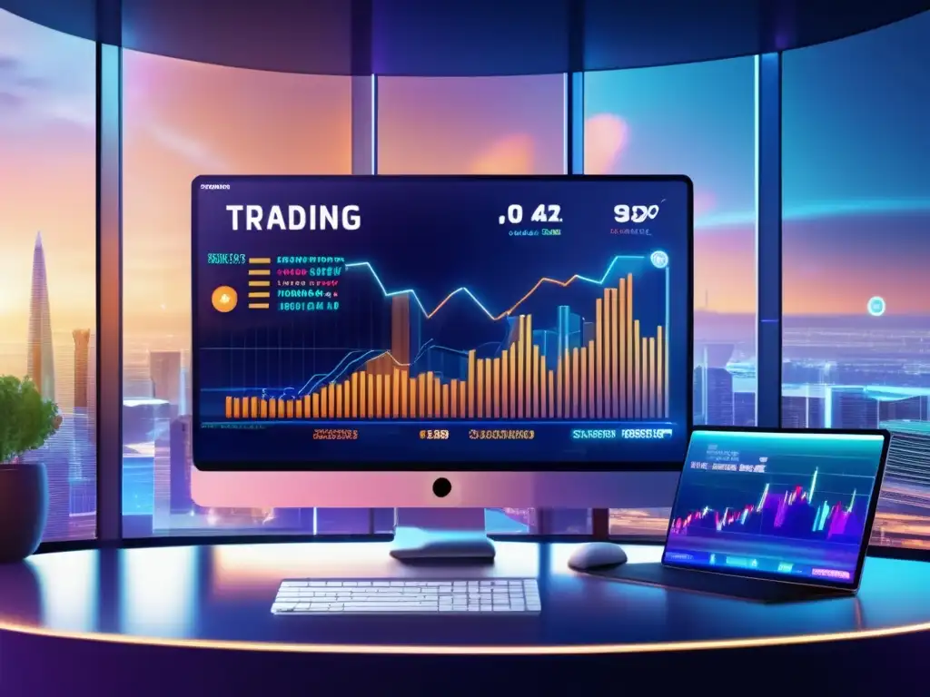 Plataforma de trading moderna con elementos de criptomonedas Opciones criptomonedas en plataformas tradicionales: Trading moderno fusiona elementos vibrantes de cryptocurrency en imagen 8k ultra detallada