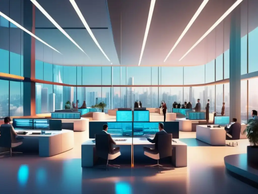 Traders en piso futurista Opciones exóticas: Futuro trading floor con traders en actividad