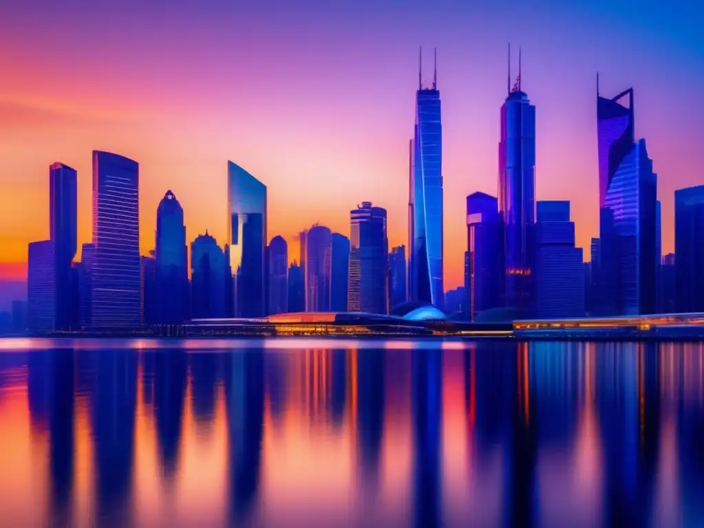 Ciudad futurista al atardecer con rascacielos altos Opciones exóticas de inversión en una ciudad futurista con rascacielos altos y modernos, reflejando la luz del atardecer