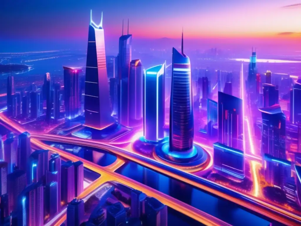 Ciudad futurista al atardecer Opciones exóticas de inversión en una ciudad futurista llena de rascacielos iluminados