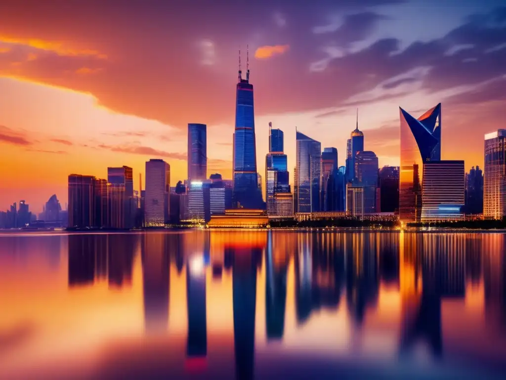 Horizonte de ciudad vibrante al atardecer: oportunidades de inversión Opciones exóticas de inversión: Ciudad moderna al atardecer, con rascacielos iluminados y cielo vibrante