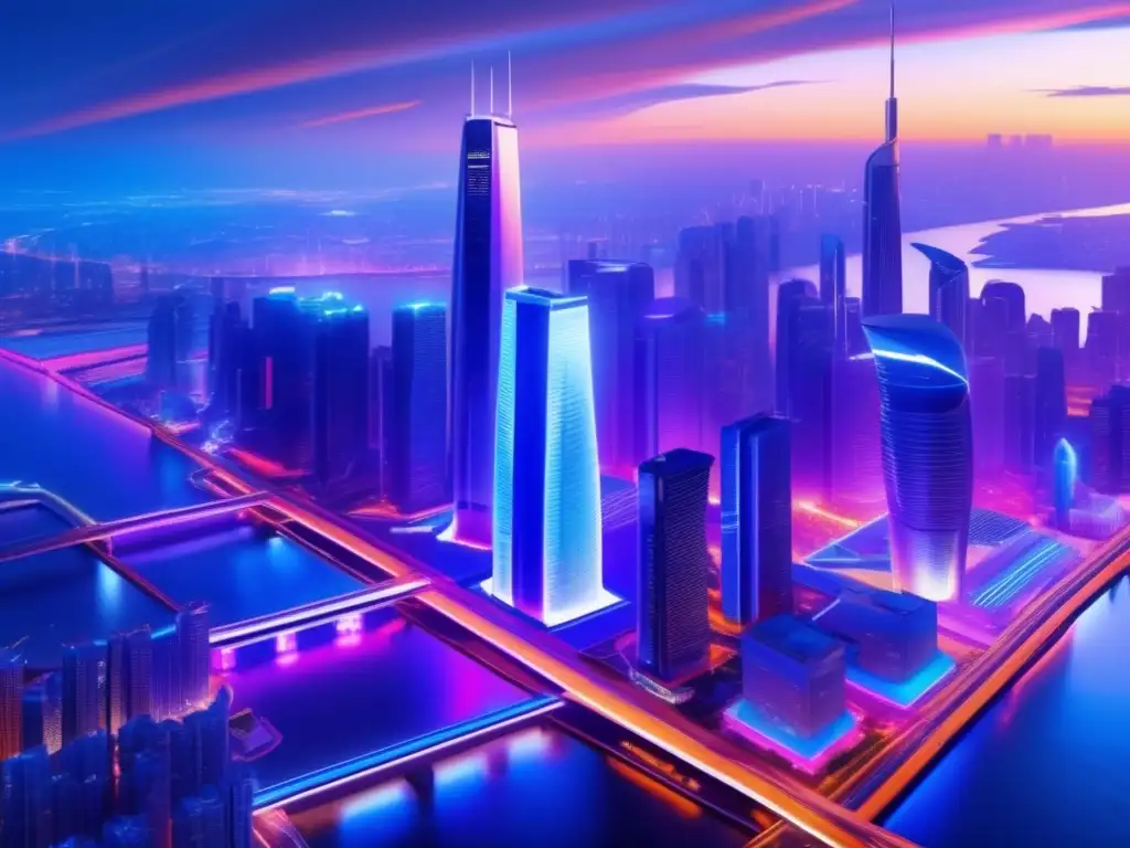 Ciudad futurista con rascacielos impresionantes Opciones exóticas de inversión en moderna ciudad futurista con rascacielos iluminados y autos voladores