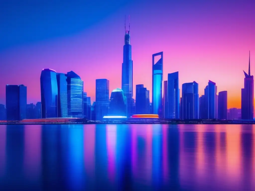 Ciudad futurista iluminada con luces de neón Opciones exóticas de inversión en vibrante ciudad con rascacielos iluminados reflejados en un río sereno