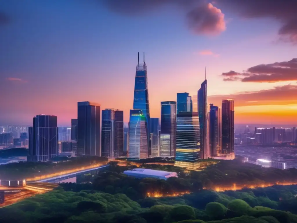 Moderna ciudad con rascacielos reflejando la luz del atardecer Opciones de financiamiento inmobiliario innovadoras en una ciudad moderna, con rascacielos de vidrio reflejando los tonos cálidos del atardecer