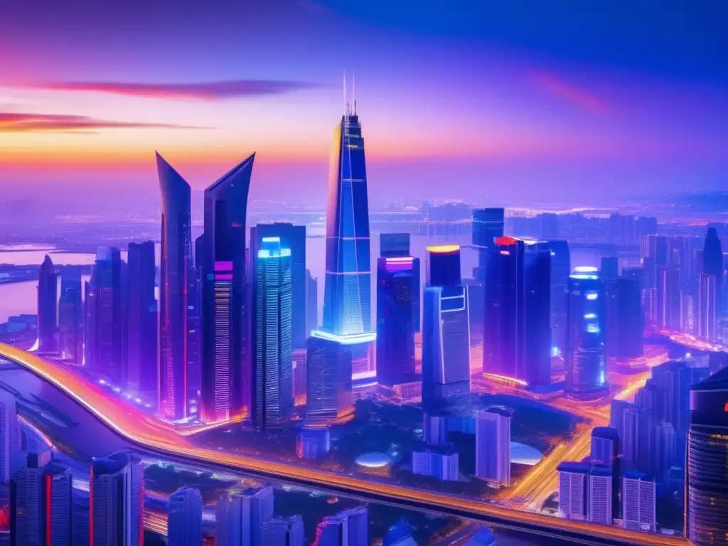 Skyline nocturno de una ciudad moderna Opciones de financiamiento inmobiliario innovadoras en vibrante skyline urbano al atardecer, con rascacielos futuristas y modernos transporte