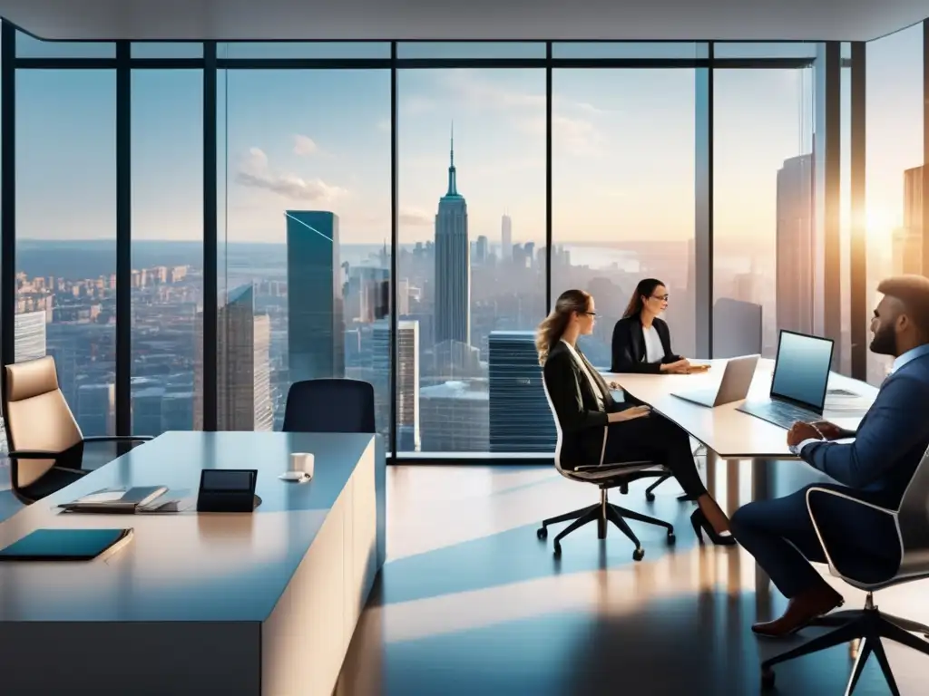Oficina moderna con ventanales y profesionales trabajando Opciones de financiamiento inmobiliario innovadoras en una moderna oficina con vista a una ciudad dinámica