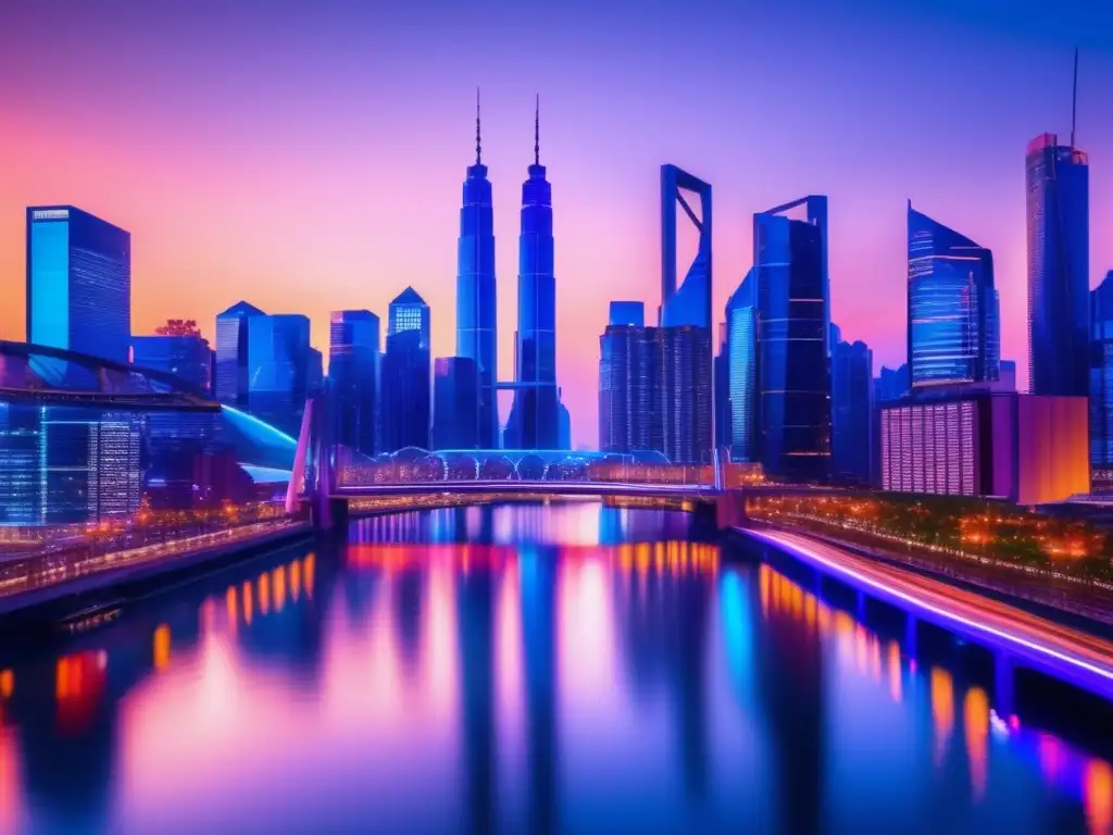 Maravillosa ciudad futurista al atardecer Opciones de financiamiento inmobiliario innovadoras en una ciudad moderna y vibrante con skyline futurista