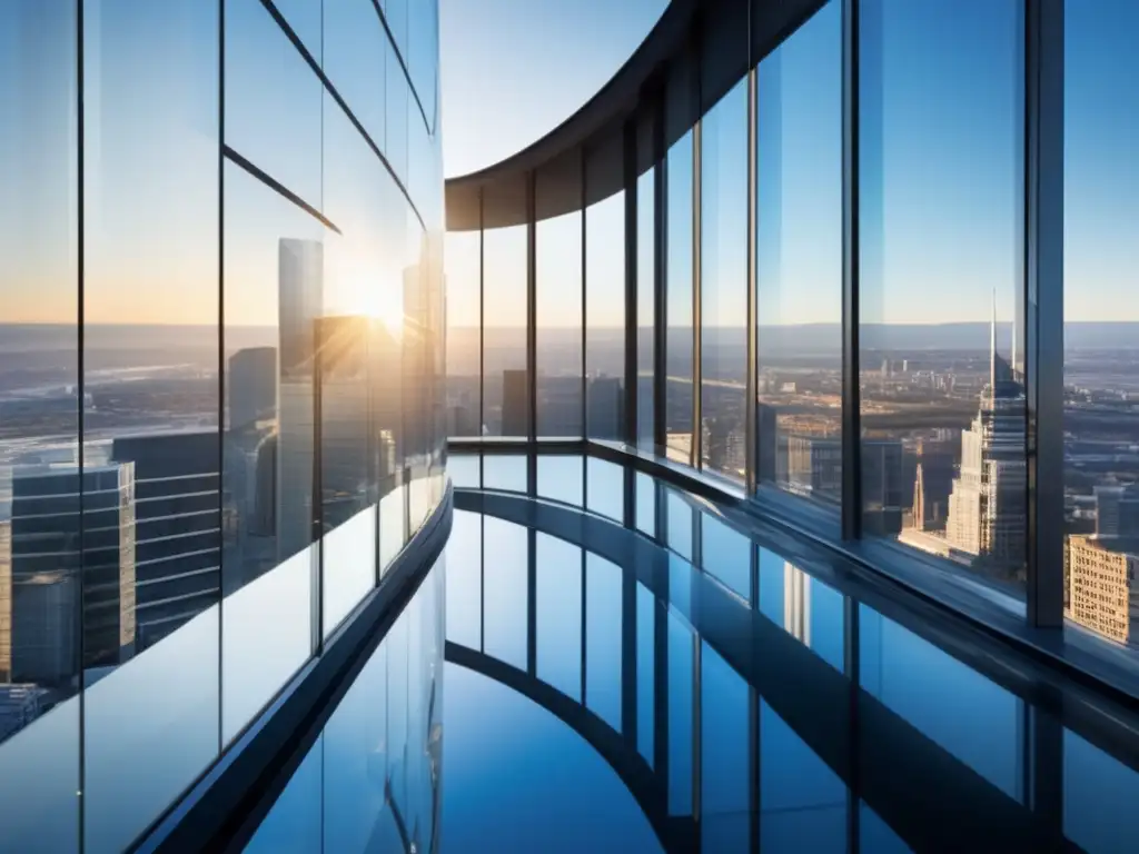 Edificio de oficinas moderno, enérgico y elegante Opciones de financiamiento innovadoras propiedades comerciales: oficina moderna con fachada de vidrio, rodeada de ciudad en auge