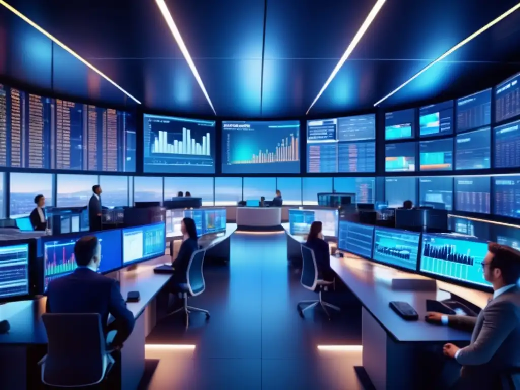 Traders en piso de comercio moderno y futurista Opciones y futuros financieros en un moderno y sofisticado piso de operaciones con traders analizando datos y tendencias