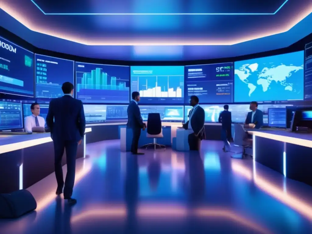 Traders en sala de operaciones financieras Opciones y futuros financieros en trading futurista