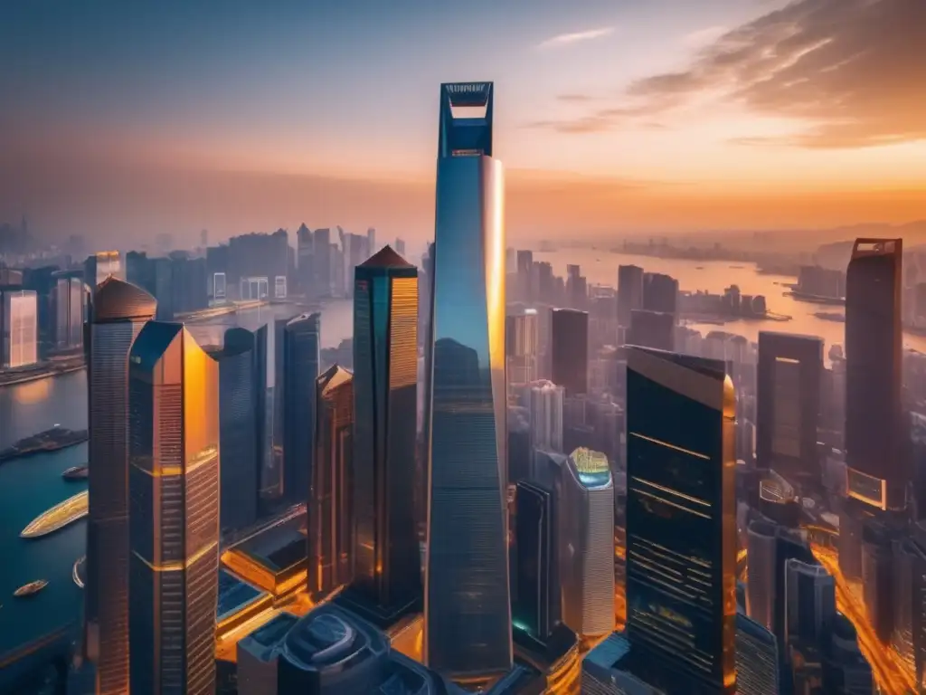 Distrito financiero asiático lleno de energía Opciones de inversión de dividendos en Asia: distrito financiero asiático con rascacielos futuristas, traders y datos de la bolsa