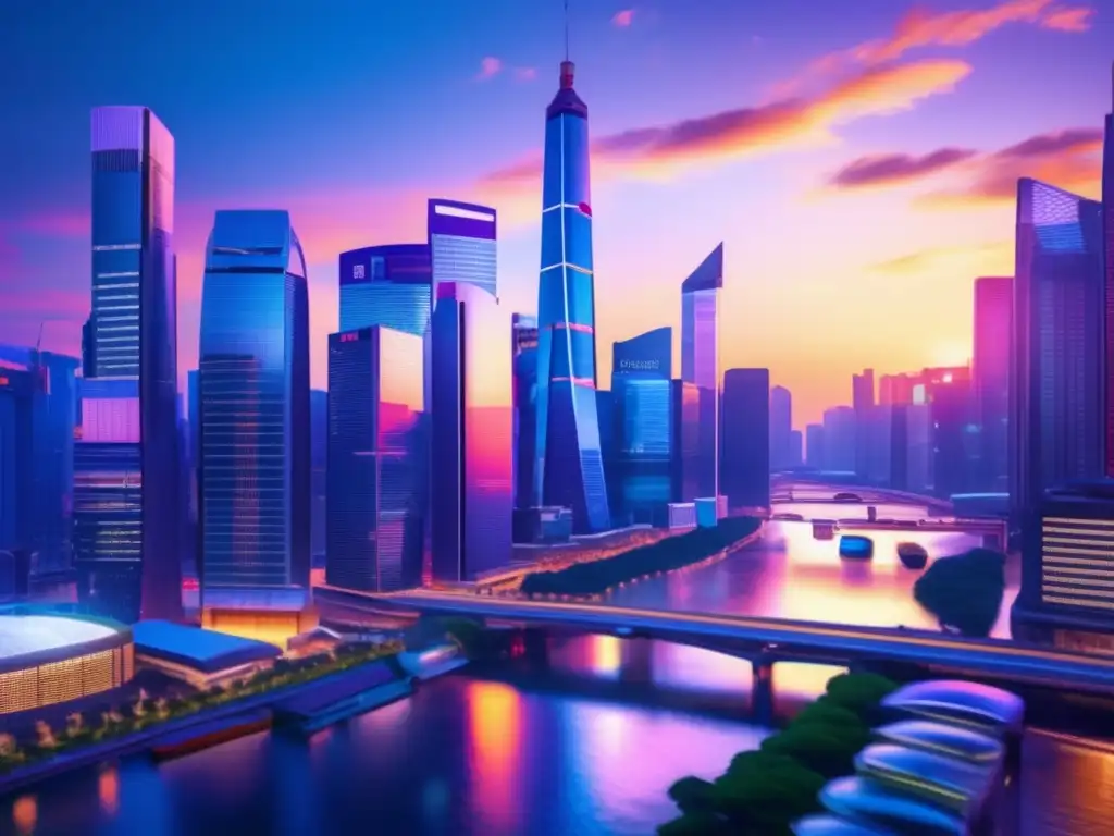 Distrito financiero asiático al atardecer Opciones de inversión de dividendos en Asia: Ciudad financiera asiática al atardecer, con rascacielos y actividad económica vibrante